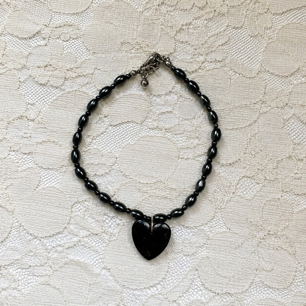 Vintage Hematite Beaded Heart Pendant  Anklet Bracelet Adjustable Y2K large
